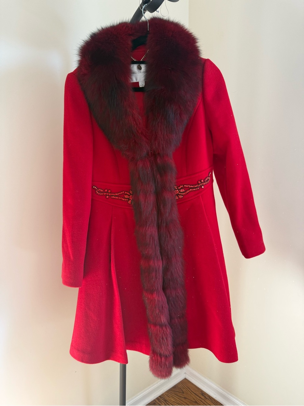 Women's Red Wool Coat with Fur Trim